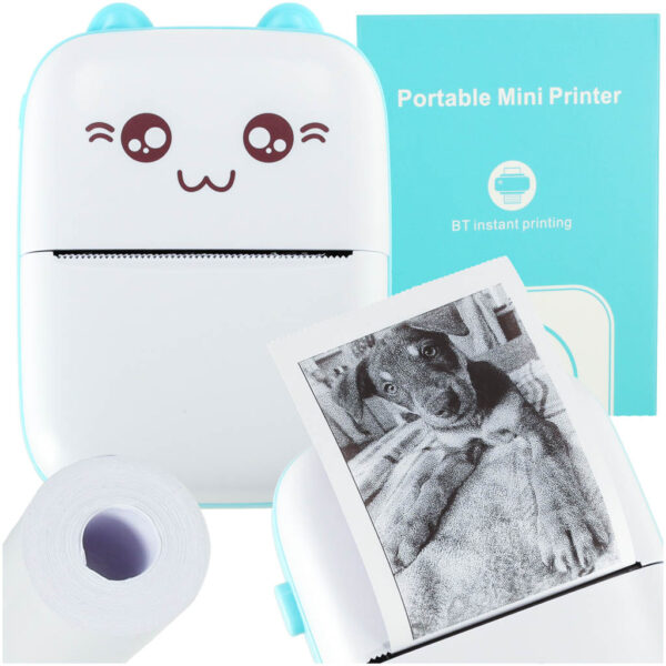 Mini termiczna drukarka niebieski kotek FUN PRINT do zdjęć etykiet + kabel usb
