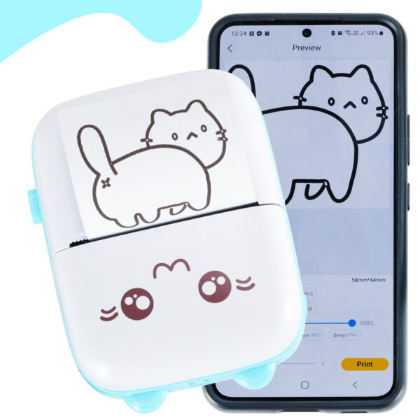Mini termiczna drukarka niebieski kotek FUN PRINT do zdjęć etykiet + kabel usb - obrazek 6