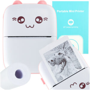 Mini termiczna drukarka różowy kotek FUN PRINT – do zdjęć etykiet + kabel usb
