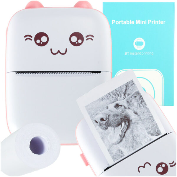 Mini termiczna drukarka różowy kotek FUN PRINT - do zdjęć etykiet + kabel usb