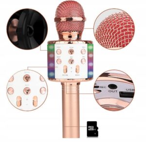 KARAOKE BEZPRZEWODOWY PRZENOŚNY BLUETOOTH GŁOŚNIK LED MIKROFON Gold Rose