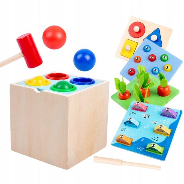 Drewniana Układanka Pudełko Sorter Zestaw Montessori 5w1 Warzywa Rybki - obrazek 5