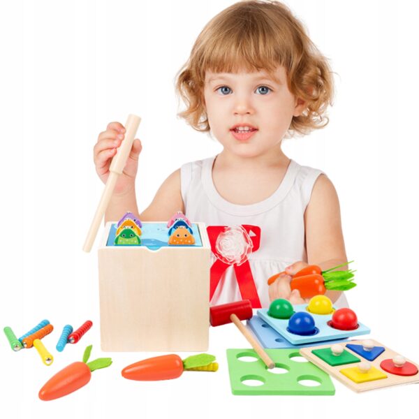 Drewniana Układanka Pudełko Sorter Zestaw Montessori 5w1 Warzywa Rybki - obrazek 3