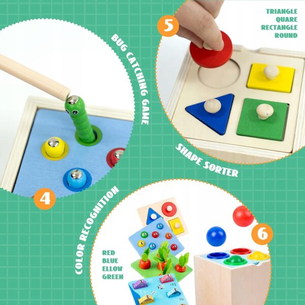 Drewniana Układanka Pudełko Sorter Zestaw Montessori 5w1 Warzywa Rybki - obrazek 15