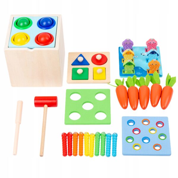 Drewniana Układanka Pudełko Sorter Zestaw Montessori 5w1 Warzywa Rybki - obrazek 2