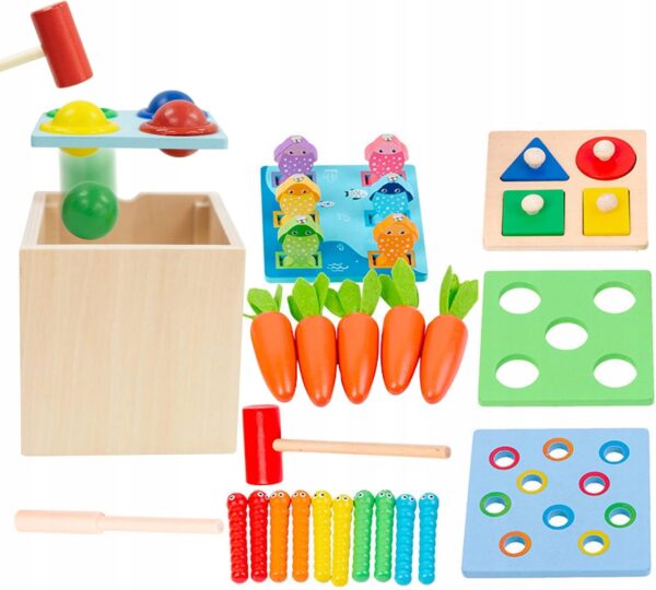 Drewniana Układanka Pudełko Sorter Zestaw Montessori 5w1 Warzywa Rybki - obrazek 13
